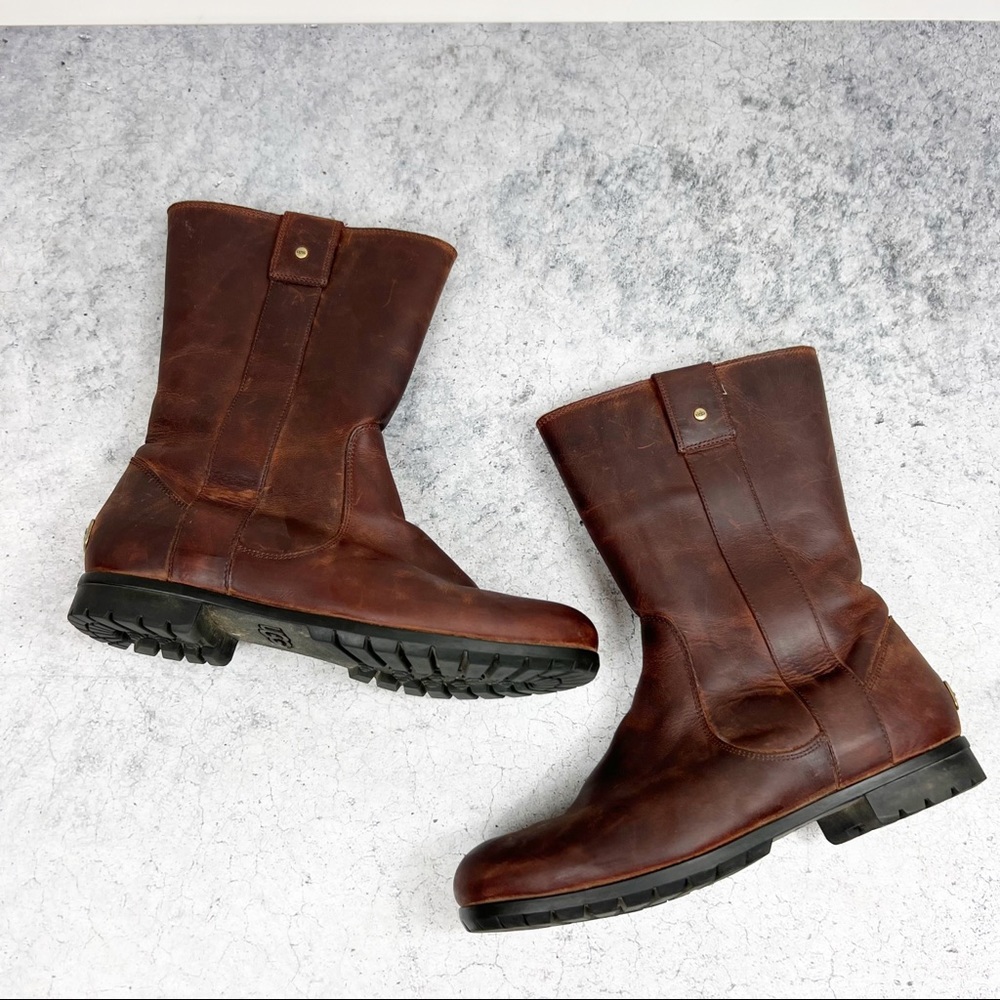 UGG Burroughs Brown Leather Zip Boots Size 8.5